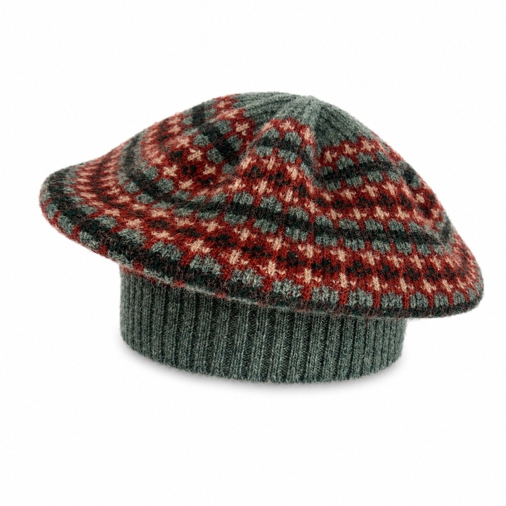 Campbell's of Beauly OS Beret Hat Fair Isle Pure New Wool Made in Scotland Green